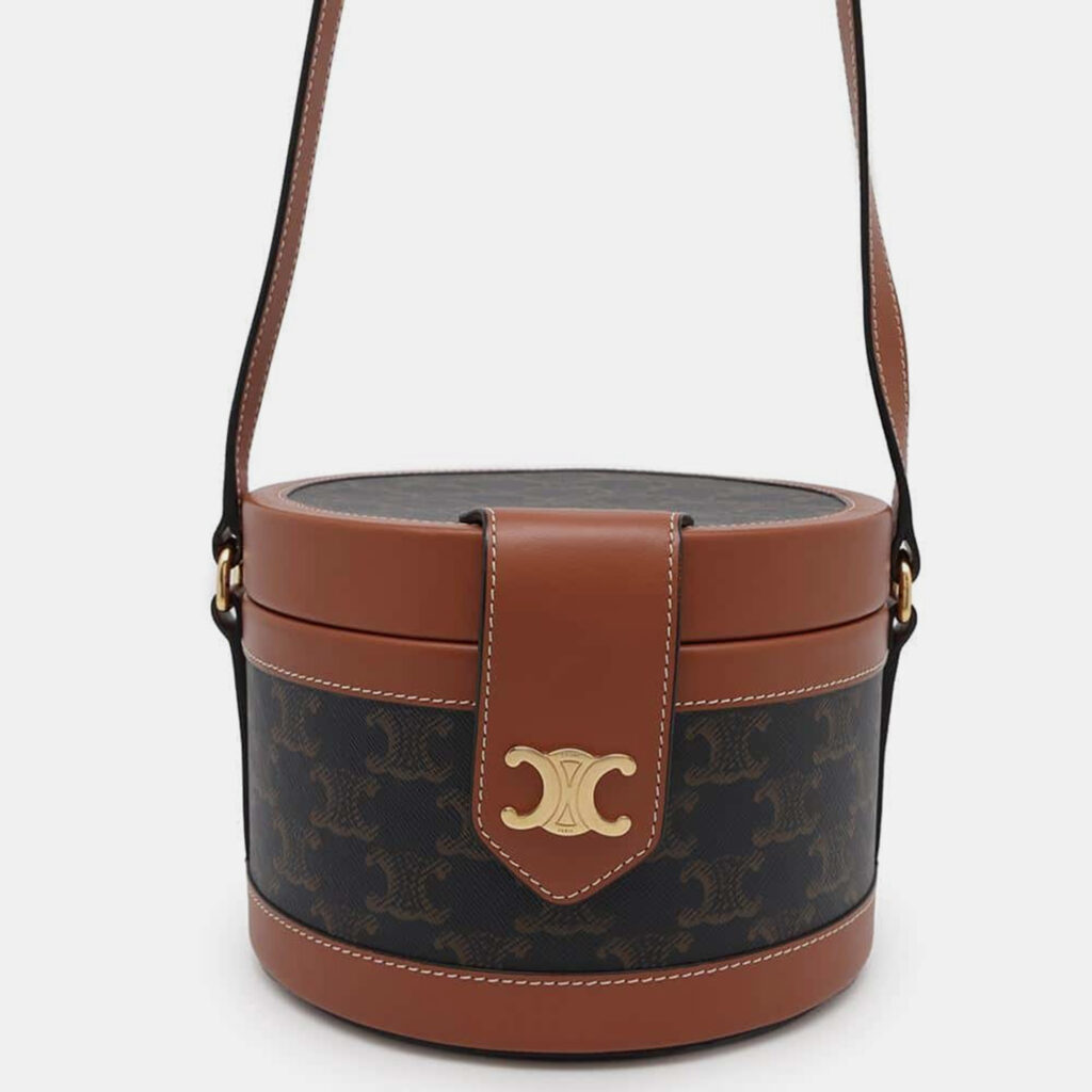 luxury-women-celine-used-handbags-p1111145-012 Celine Brown Leather Triomphe Tambour Vanity Shoulder Bag