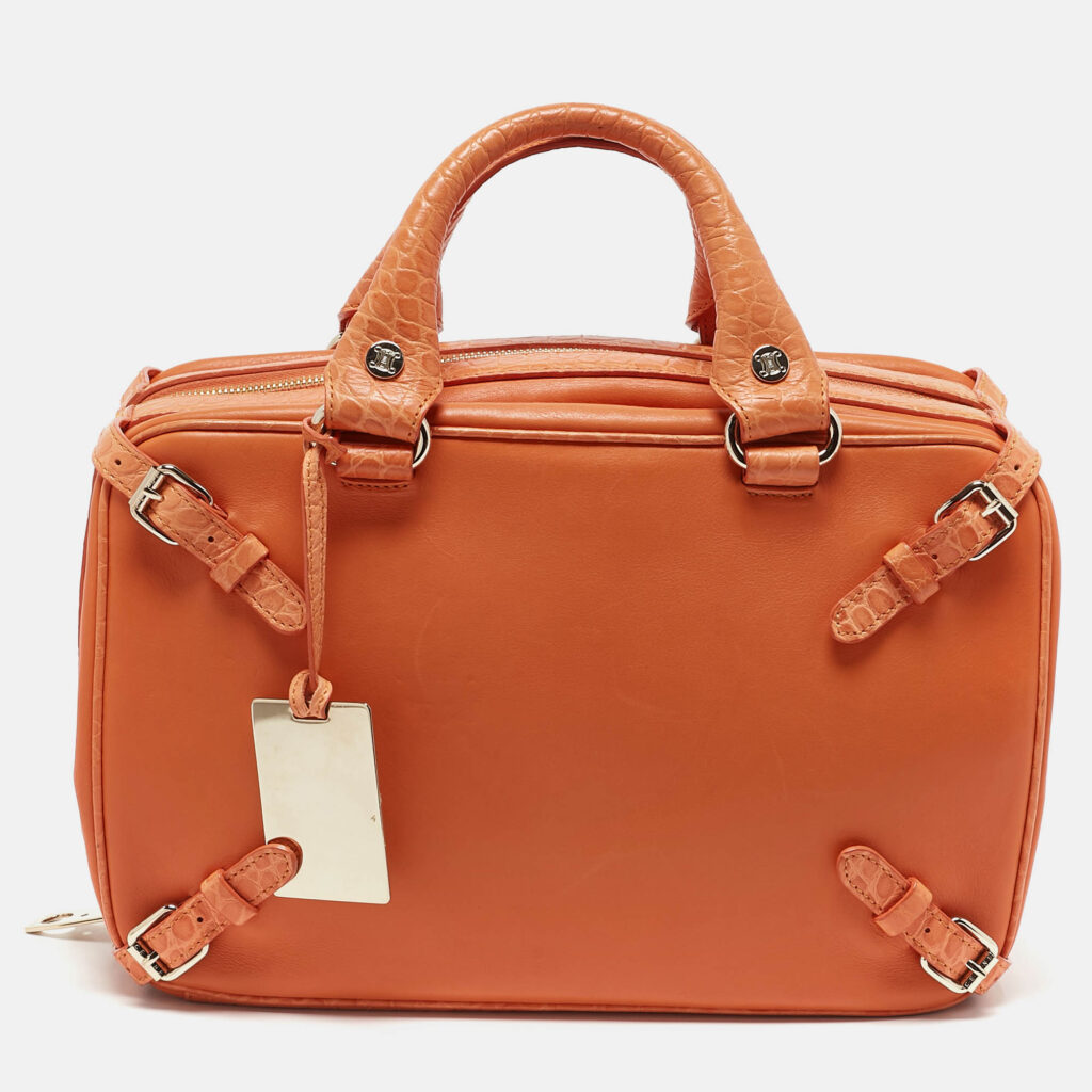 luxury-women-celine-used-handbags-p1149618-013.jpg Celine Orange Leather and Croc Embossed Trim Large Trunkette Bag