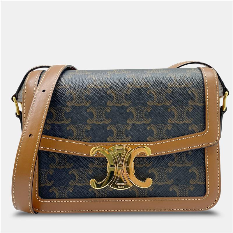luxury-women-celine-used-handbags-p1150709-020 Celine Tan Brown Canvas Leather Teen Triomphe Crossbody Bag