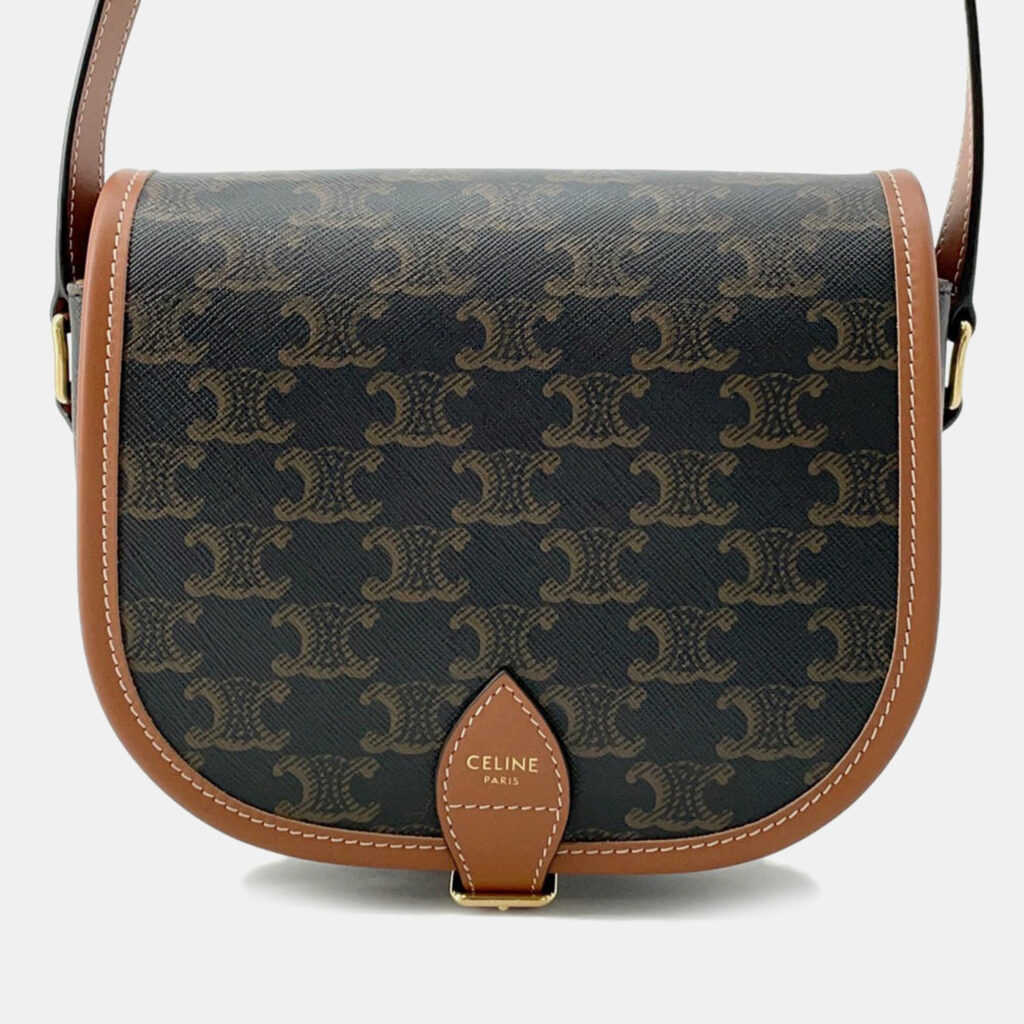 luxury-women-celine-used-handbags-p1153914-002 Celine Tan PVC Coated Canvas and Leather Triomphe Folco Medium Shoulder Bag