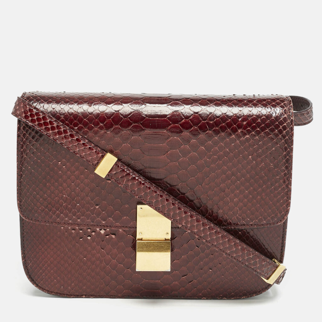 Celine Burgundy Python Medium Classic Box Shoulder Bag
