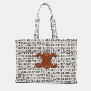 Celine White Tan Canvas Leather Triomphe Cabas Large Tote Bag