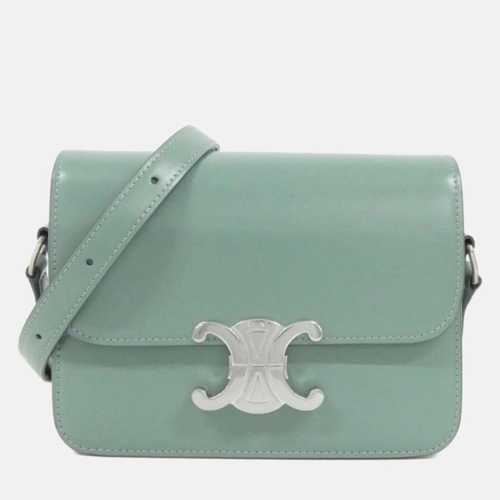 luxury-women-celine-used-handbags-p1166192-006 Celine Teen Triomphe Green Leather Handbag
