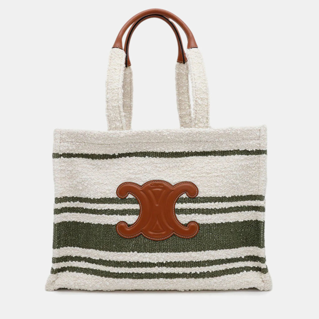 luxury-women-celine-used-handbags-p1168559-002 Celine Triomphe Large Cabas Thais White/Green Canvas Leather Large Tote Bag