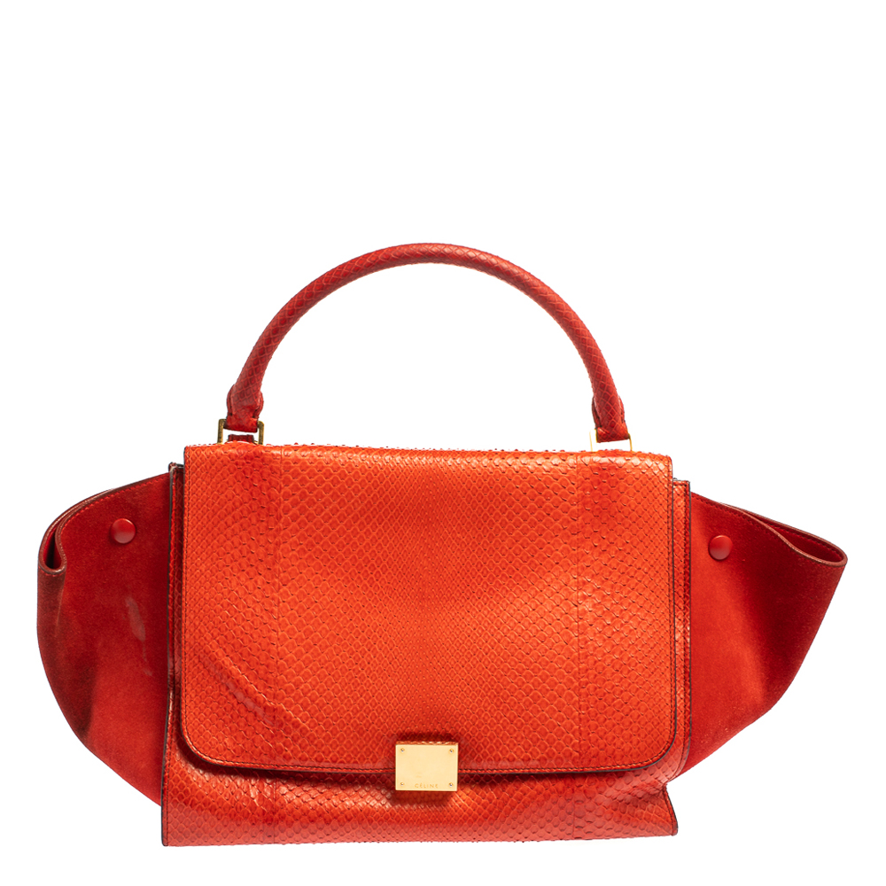 luxury-women-celine-used-handbags-p429045-001 Céline Red Python and Suede Medium Trapeze Top Handle Bag