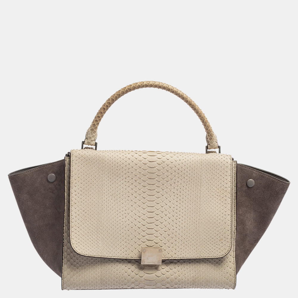 luxury-women-celine-used-handbags-p431655-016 Celine Two Tone Grey Python and Suede Medium Trapeze Top Handle Bag