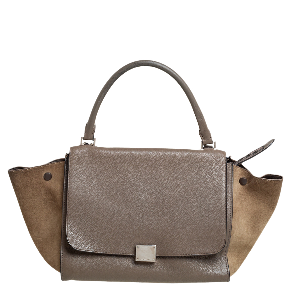luxury-women-celine-used-handbags-p462047-010 Celine Brown/Grey Leather and Suede Medium Trapeze Top Handle Bag