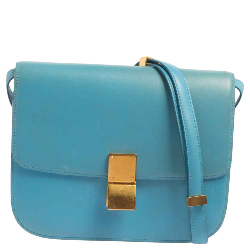 luxury-women-celine-used-handbags-p503924-005-2 Celine Blue Leather Medium Classic Box Shoulder Bag
