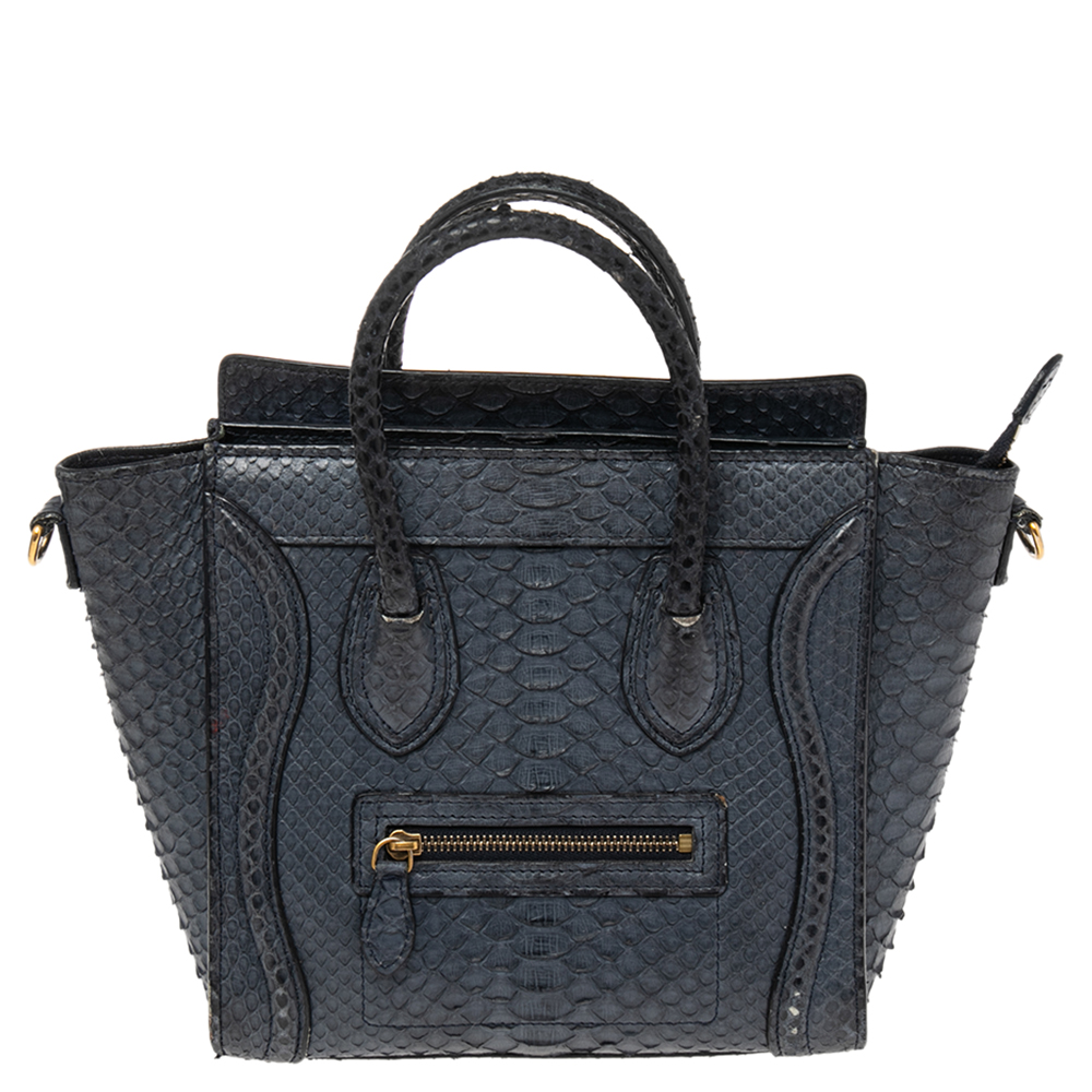 luxury-women-celine-used-handbags-p507947-012-2 Céline Navy Blue Python Nano Luggage Tote