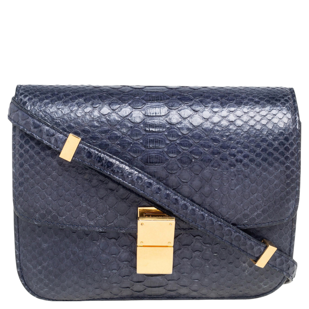 luxury-women-celine-used-handbags-p555033-004-2 Celine Navy Blue Python Medium Classic Box Shoulder Bag