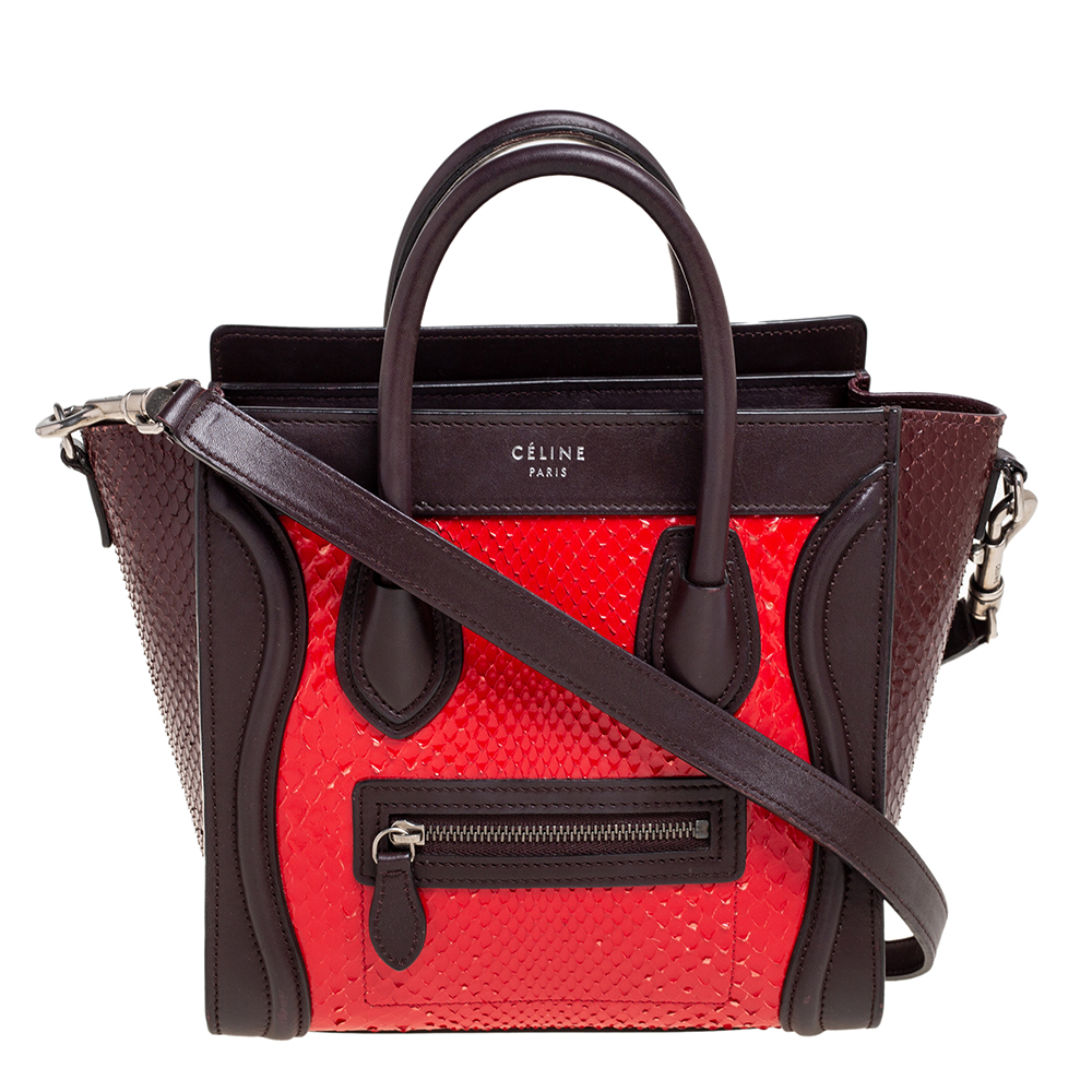 luxury-women-celine-used-handbags-p596029-007-2 Céline Tri Color Leather and Snakeskin Nano Luggage Tote