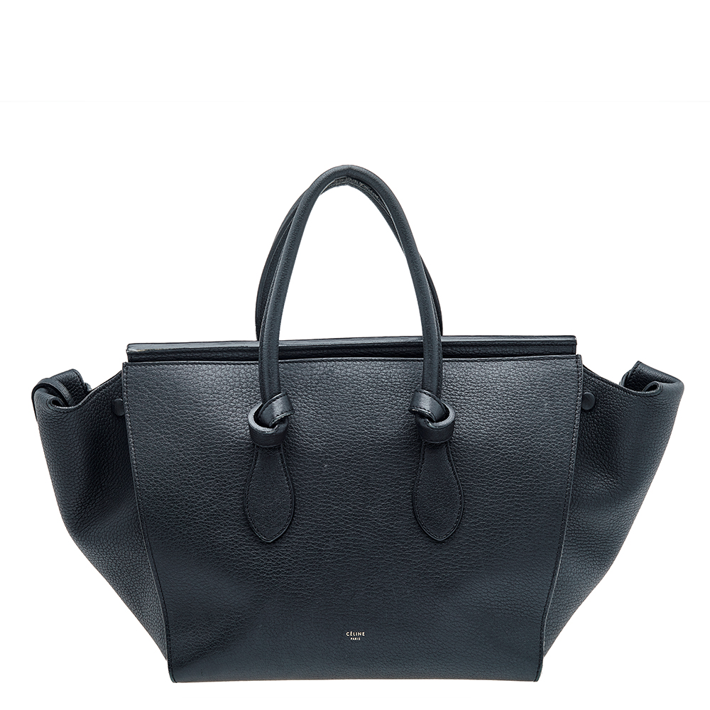 luxury-women-celine-used-handbags-p614262-004-2 Celine Black Leather Small Tie Tote