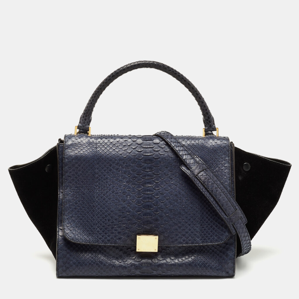 luxury-women-celine-used-handbags-p769462-017 Celine Blue/Black Python and Suede Medium Trapeze Tote