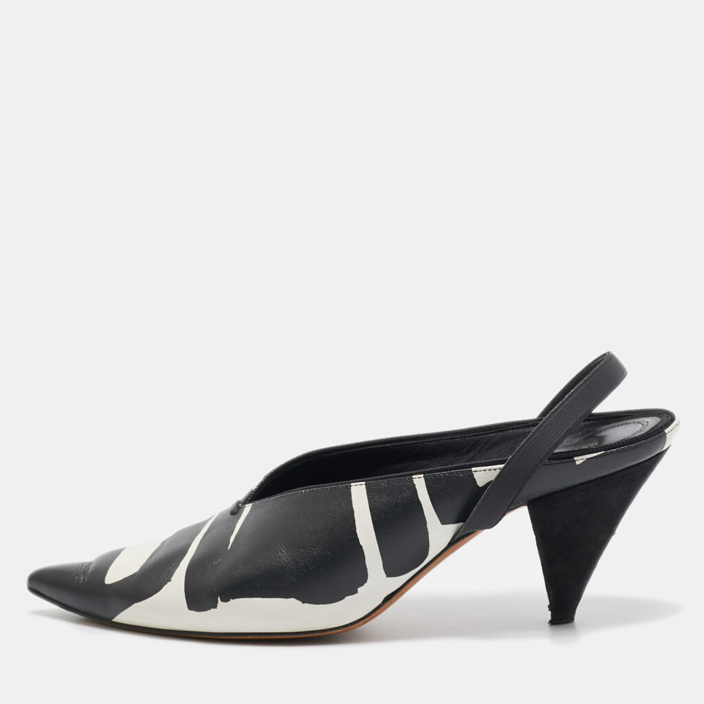 luxury-women-celine-used-shoes-p1042161-001 Celine Black/White Leather Pointed Toe Slingback Pumps Size 37.5