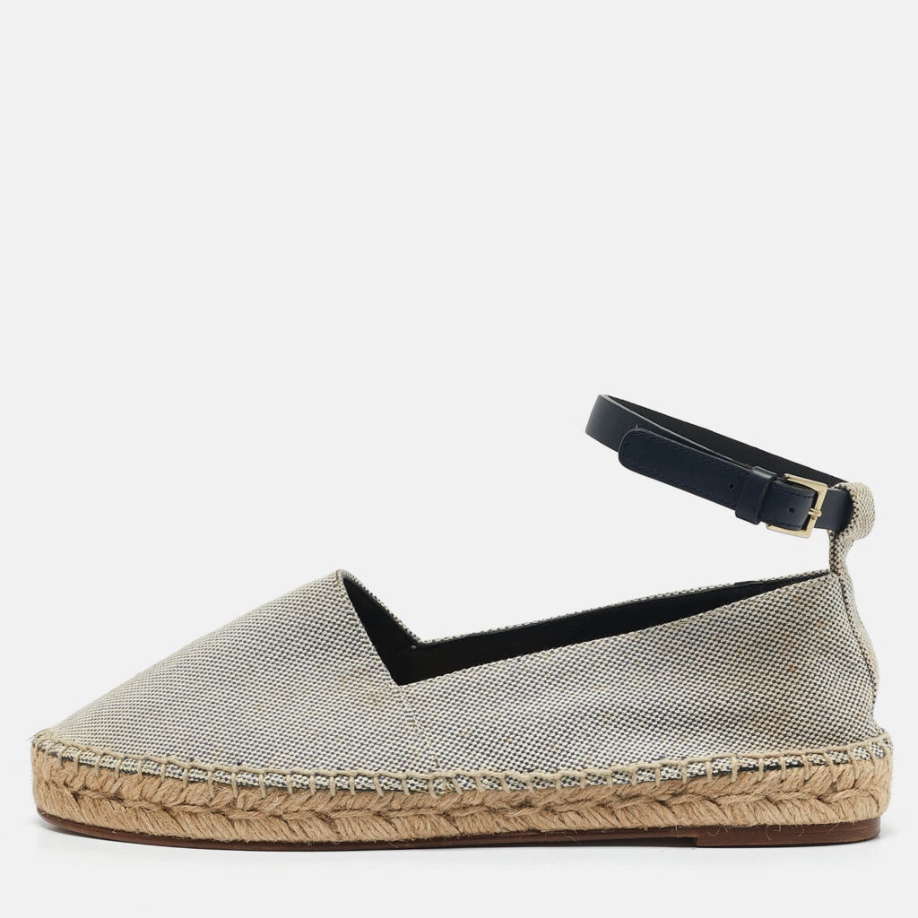 luxury-women-celine-used-shoes-p1151830-010 Celine White/Navy Blue Canvas Ankle Strap Espadrille Flats Size 38