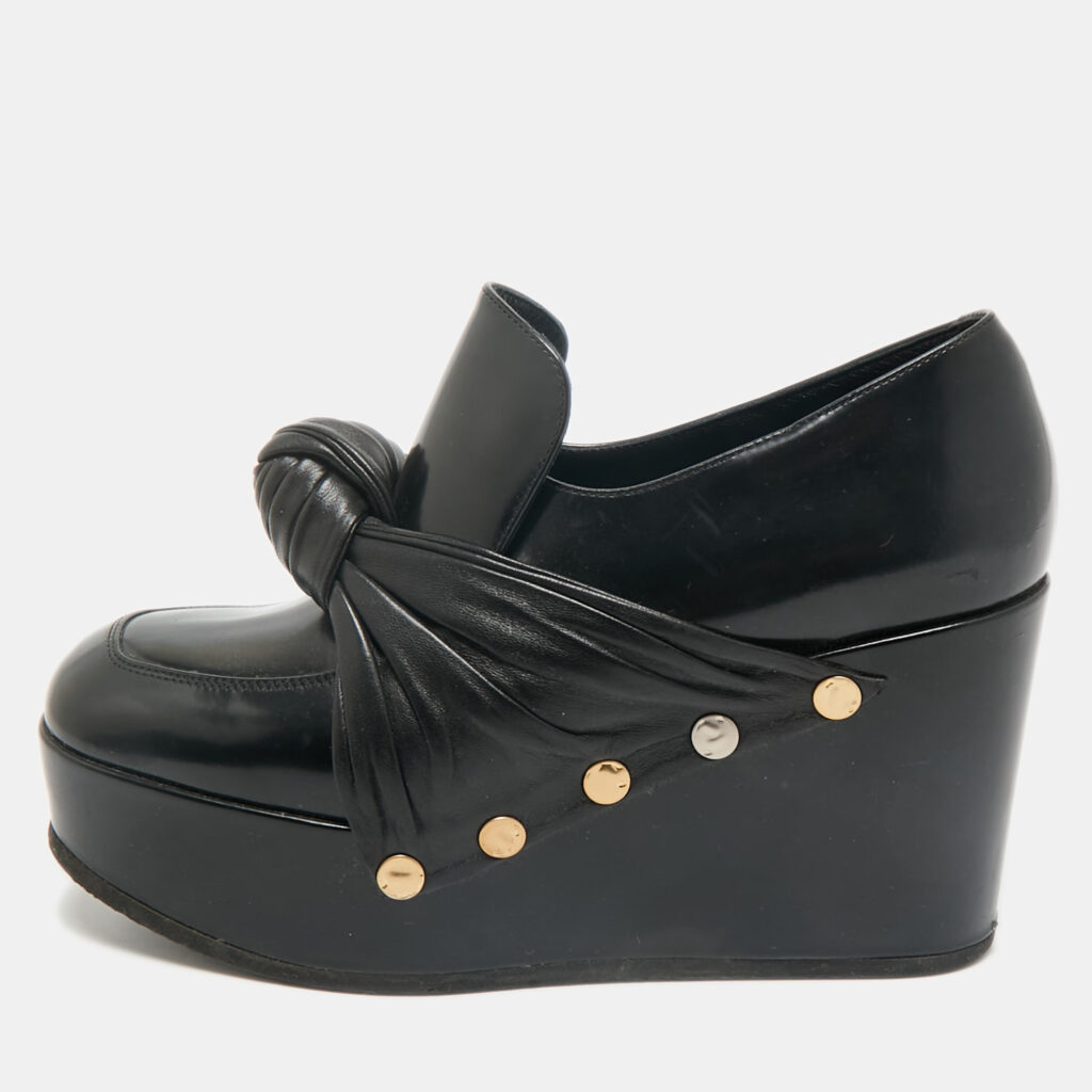 luxury-women-celine-used-shoes-p1158383-001 Celine Black Leather Phoebe Phile Bow Wedge Platform Loafers Size 35