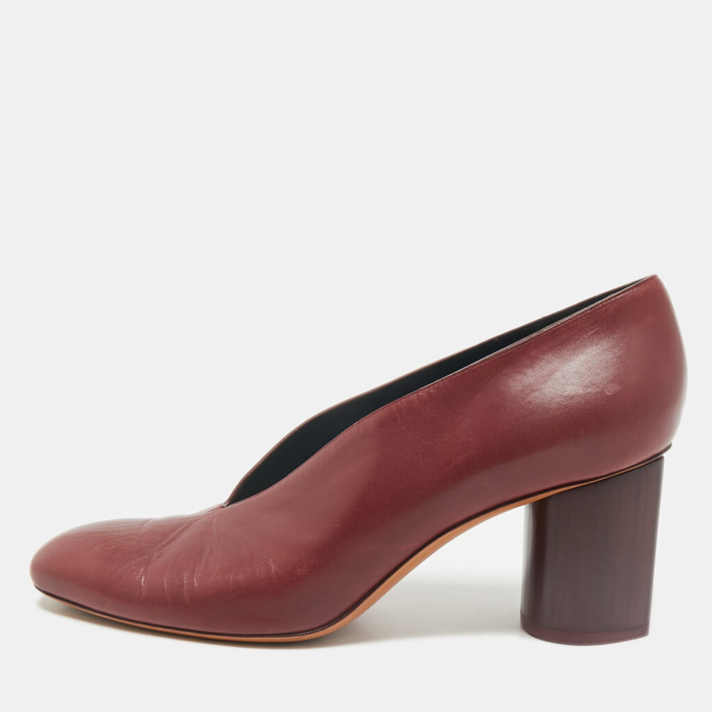 luxury-women-celine-used-shoes-p1166588-001 Celine Burgundy Leather V Neck Round Toe Block Heel Pumps Size 40.5