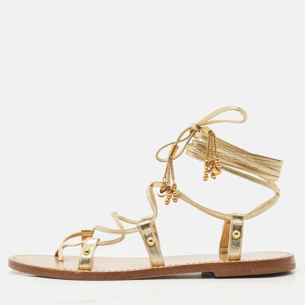 Celine Gold Leather Studded Ankle Wrap Flat Sandals Size 37