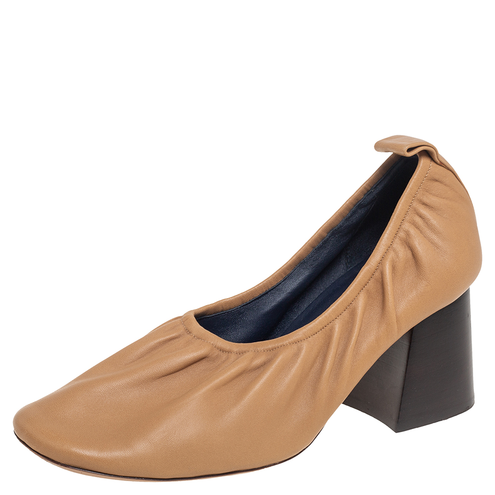 luxury-women-celine-used-shoes-p504999-005-2 Celine Beige Leather Scrunch Ballerina Block Heel Pumps Size 39