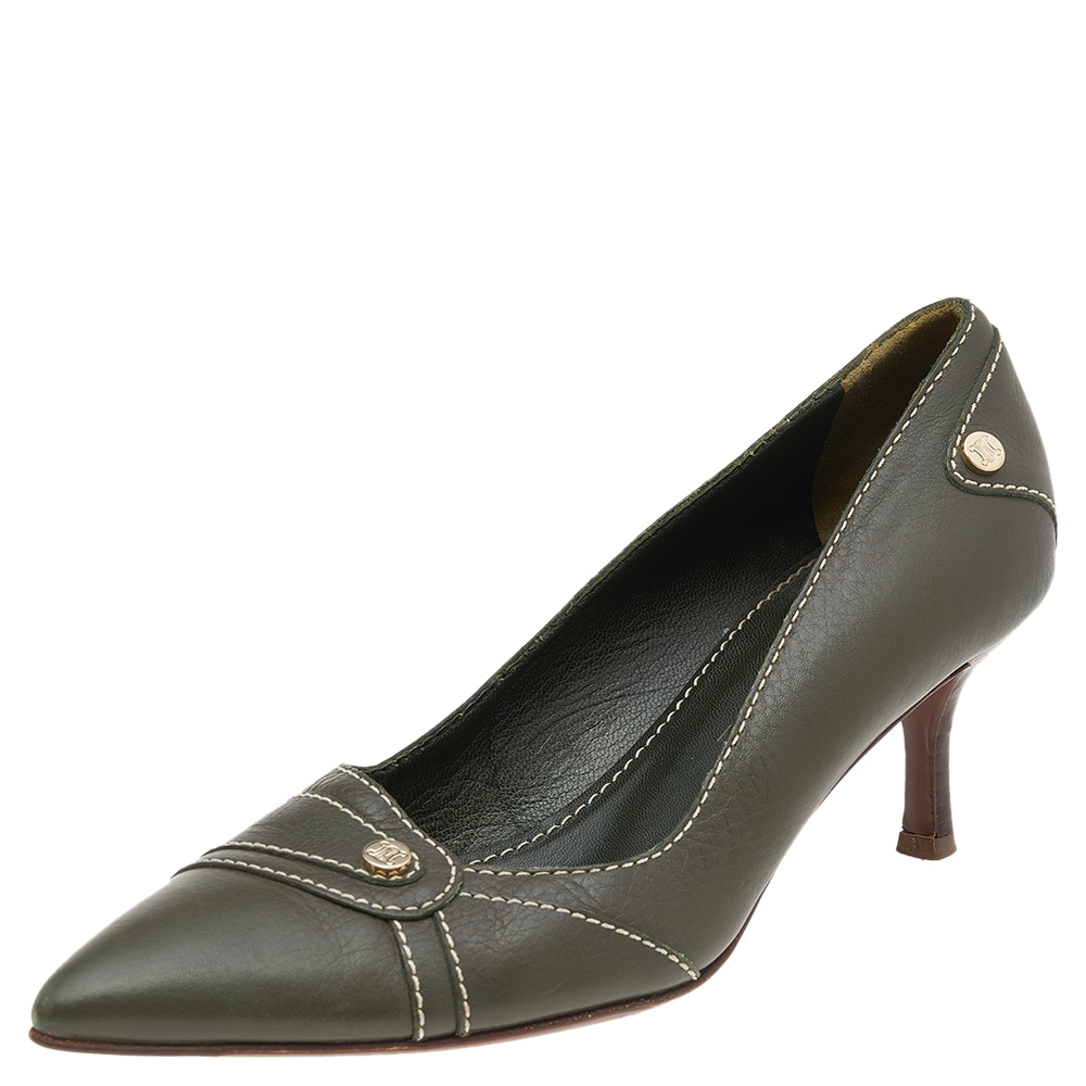 luxury-women-celine-used-shoes-p551363-004-2 Celine Green Leather Pointed Toe Pumps Size 36.5