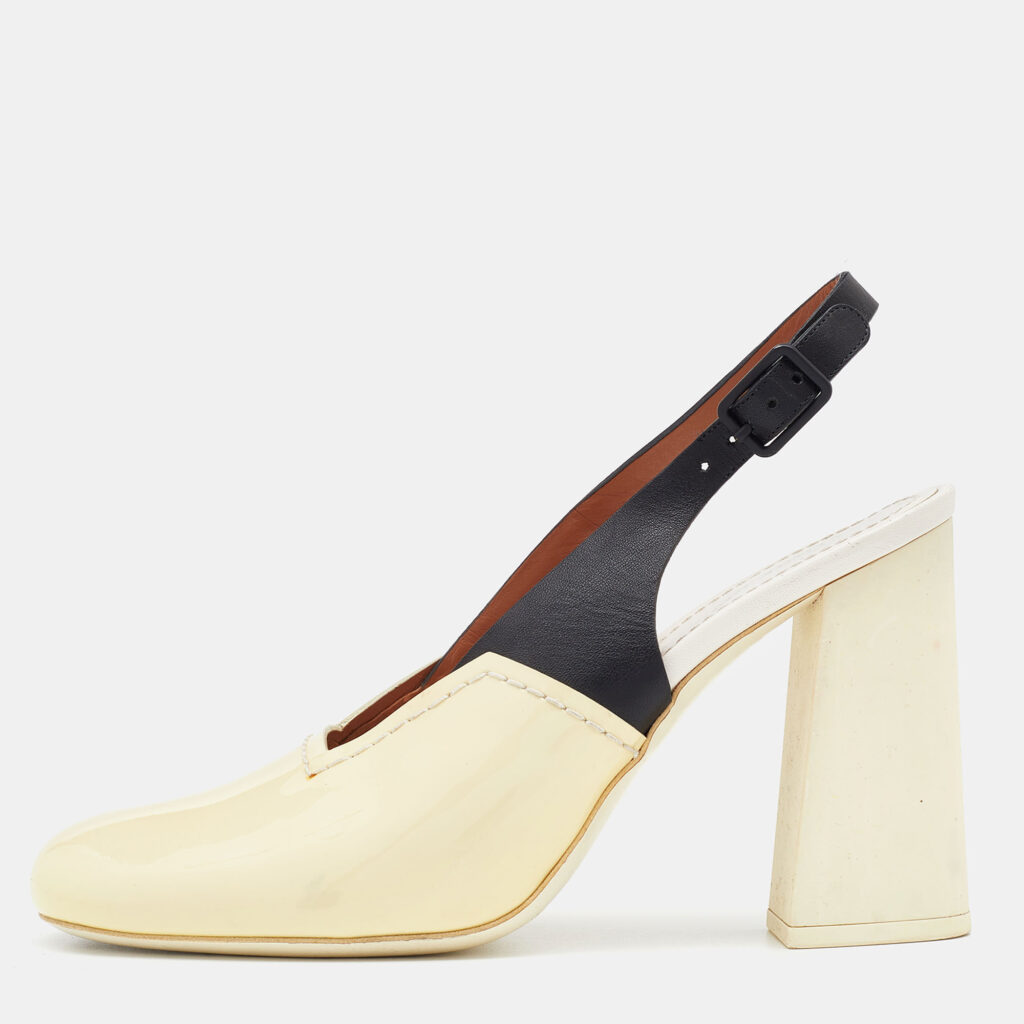 luxury-women-celine-used-shoes-p684972-011-1 Celine Cream/Black Patent And Leather Slingback Sandals Size 38