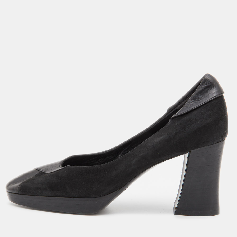 luxury-women-celine-used-shoes-p801533-001 Celine Black Leather and Suede Block Heel Pumps Size 35.5