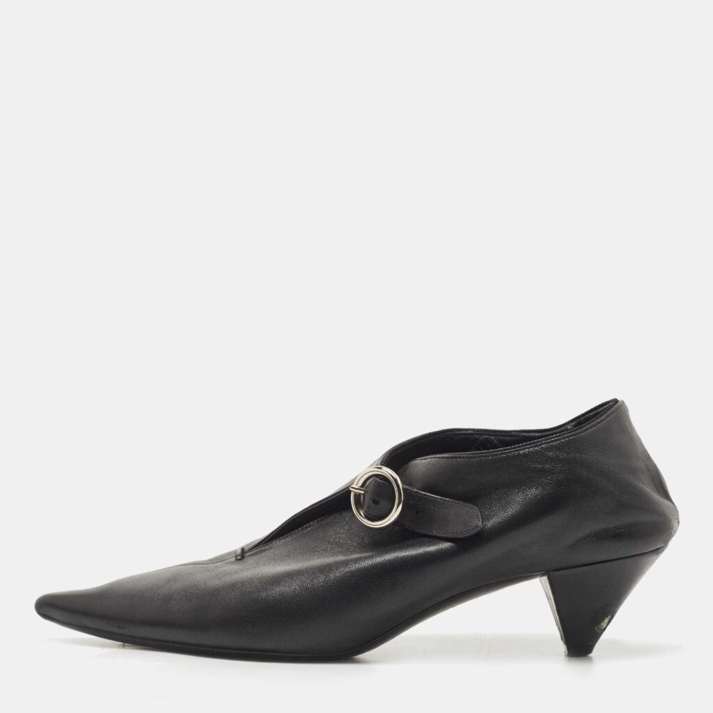 luxury-women-celine-used-shoes-p812121-003 Celine Black Leather Buckle Detail Pointed Toe Booties Size 36