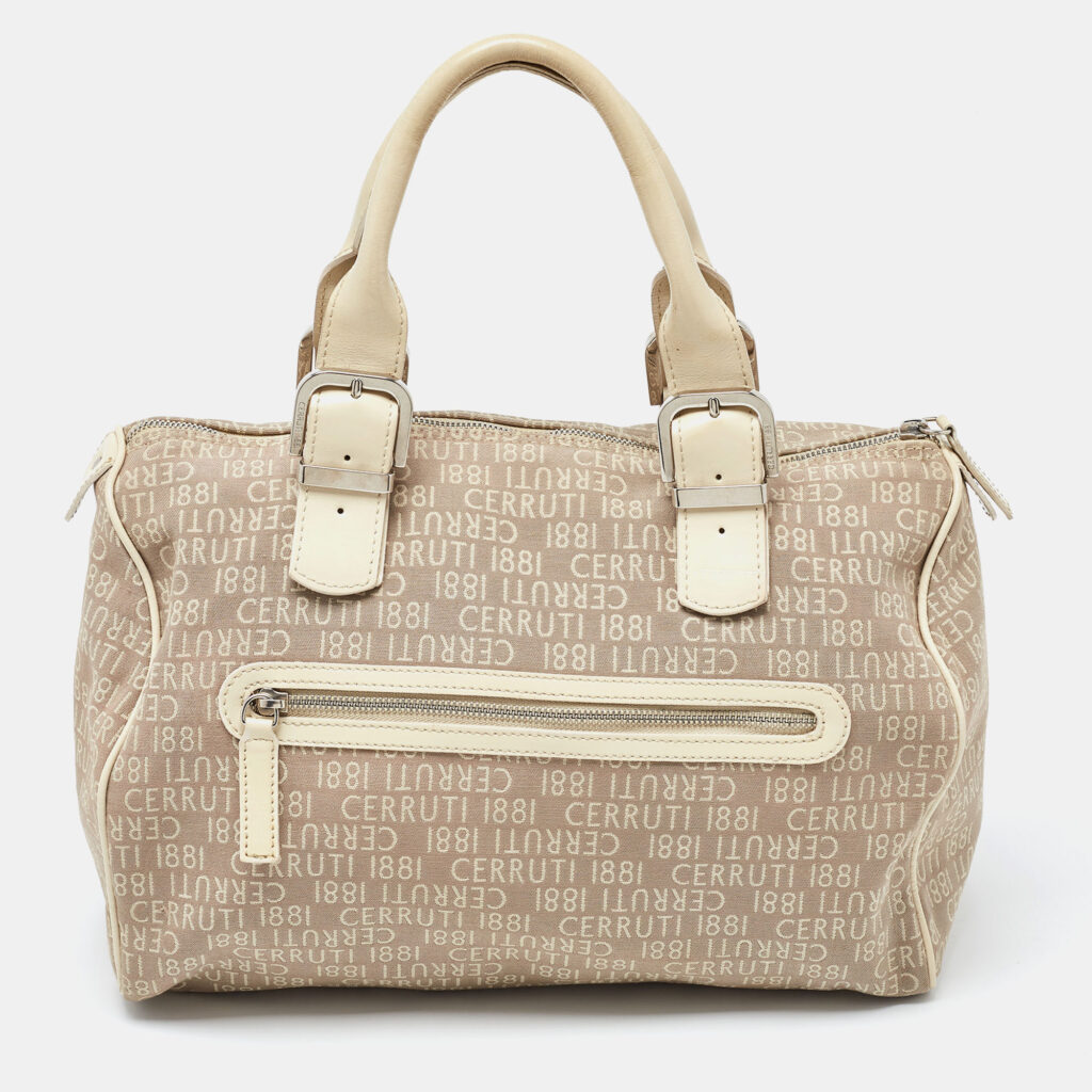 luxury-women-cerruti-used-handbags-p942414-014 Cerruti Beige Signature Canvas and Patent Leather Boston Bag