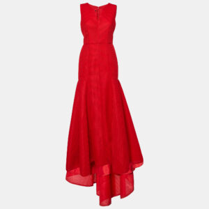ch carolina herrera red tricot mesh sleeveless gown m