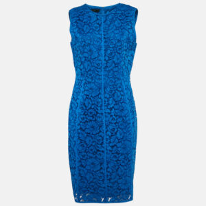 CH Carolina Herrera Blue Floral Pattern Lace Sheath Dress L