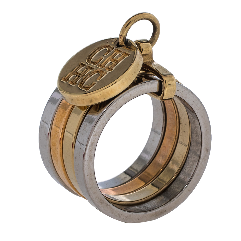 CH Carolina Herrera Three Tone Metal Bands Charm Ring Size EU 50.5
