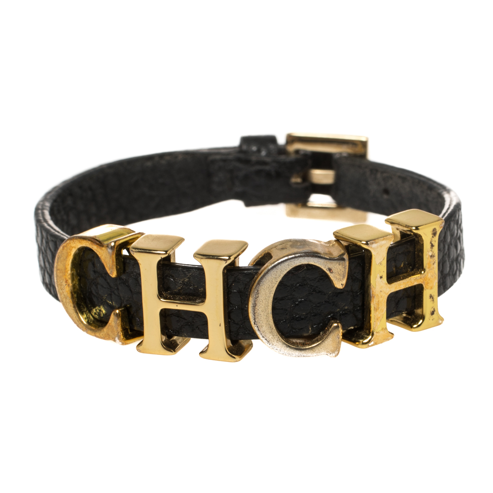 Carolina Herrera Black Leather Gold Tone Adriana Bracelet
