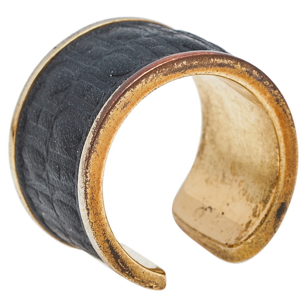 luxury-women-ch-carolina-herrera-used-accessories-p499402-001 CH Carolina Herrera Black Leather Gold Tone Open Ring Size 52.5