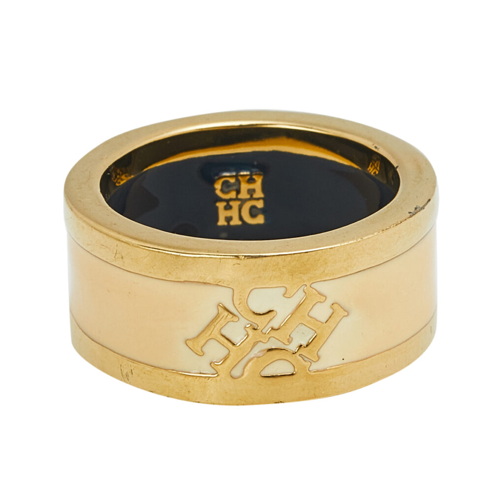 luxury-women-ch-carolina-herrera-used-accessories-p551578-007-2 CH Carolina Herrera Cream Enamel Gold Tone Band Ring Size EU 55