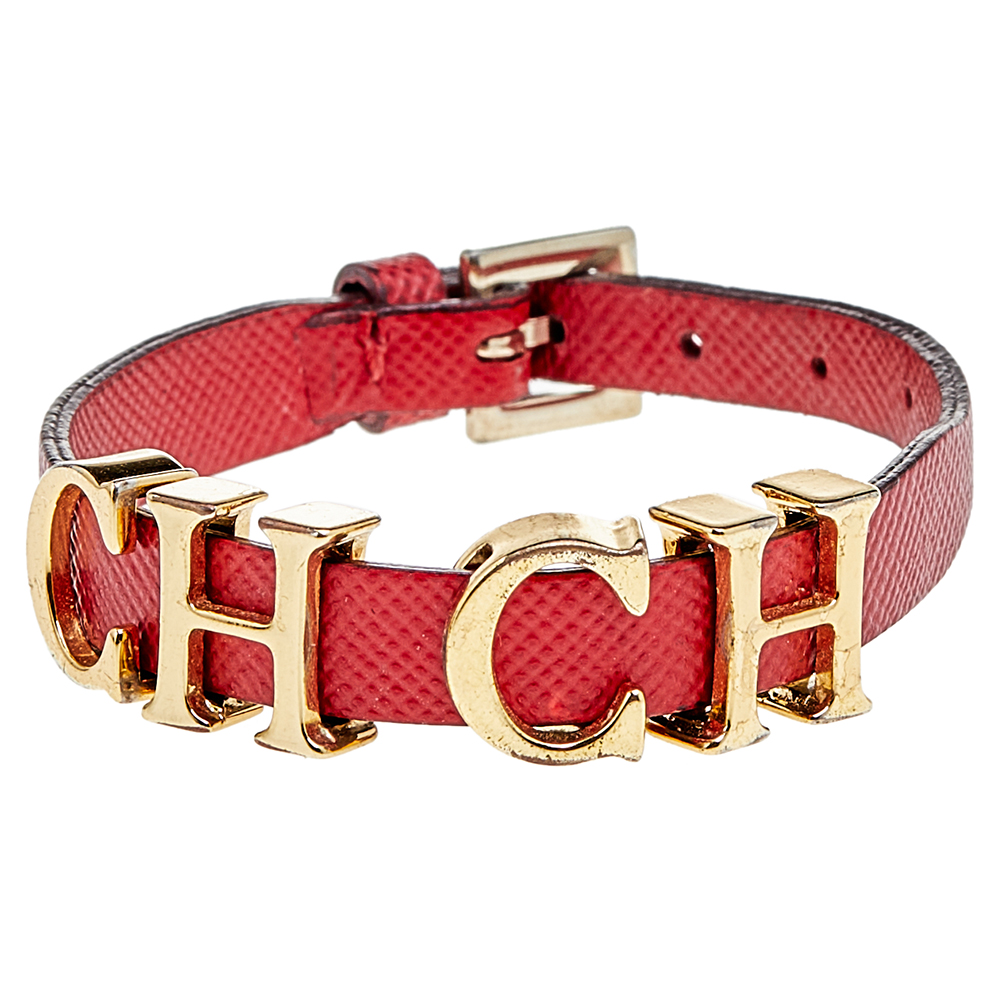 luxury-women-ch-carolina-herrera-used-accessories-p562355-007 CH Carolina Herrera Red Leather Logo Charm Wrap Bracelet