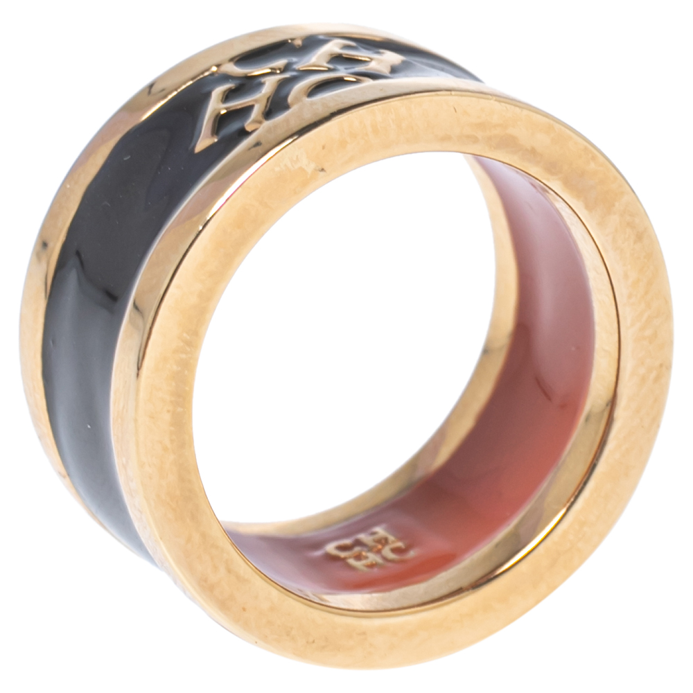 luxury-women-ch-carolina-herrera-used-accessories-p568199-003-1 CH Carolina Herrera Black Logo Enamel Gold Tone Band Ring EU 56