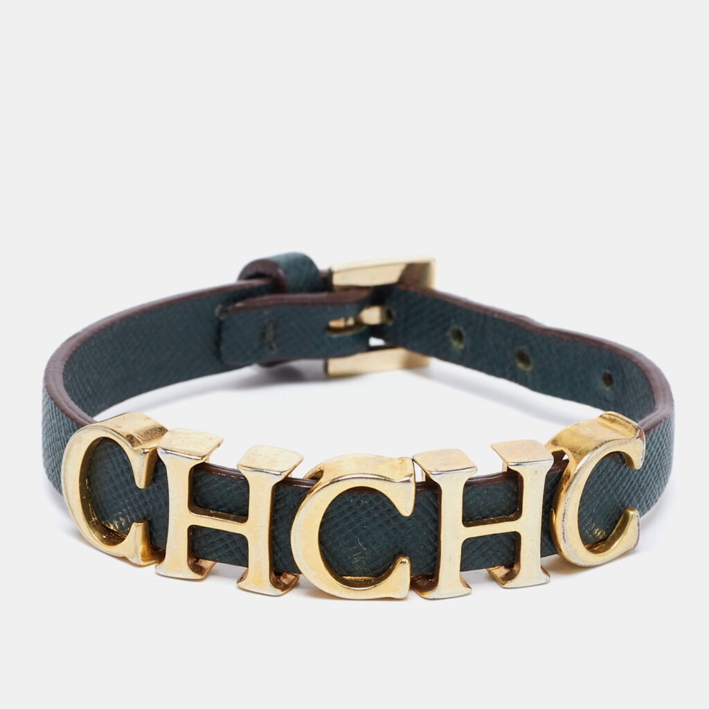 luxury-women-ch-carolina-herrera-used-accessories-p692774-005-1 CH Carolina Herrera Forest Green Leather Logo Charms Wrap Bracelet