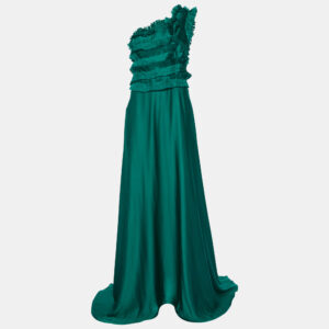 CH Carolina Herrera Green Silk Ruffled One Shoulder Gown M