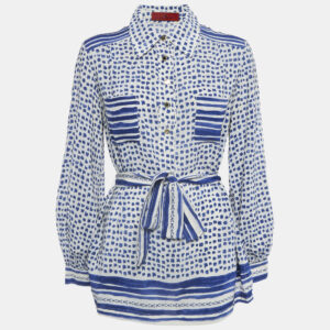 CH Carolina Herrera White/Blue Printed Silk Tie-Up Button Front Blouse L