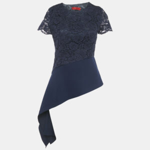 CH Carolina Herrera Navy Blue Floral Lace Short Sleeve Top S