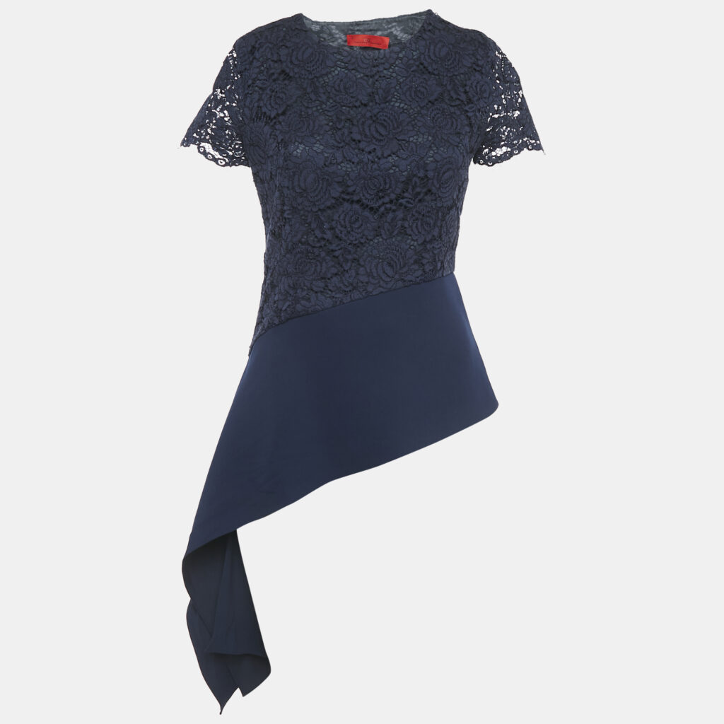 luxury-women-ch-carolina-herrera-used-clothes-p1141596-001 CH Carolina Herrera Navy Blue Floral Lace Short Sleeve Top S