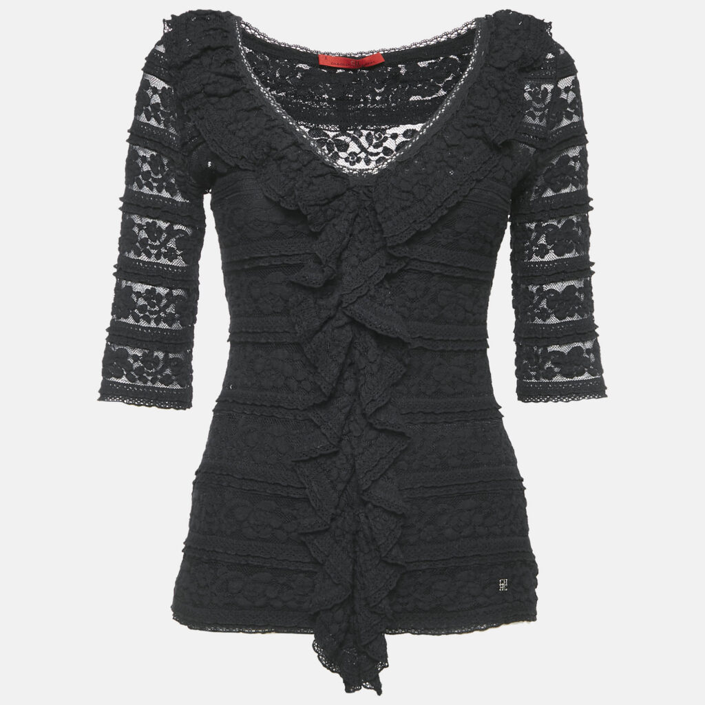 CH Carolina Herrera Black Lace Ruffled Top S