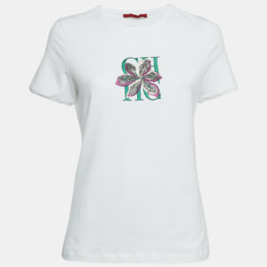 CH Carolina Herrera White Logo Flora Embroidered Jersey T-Shirt S