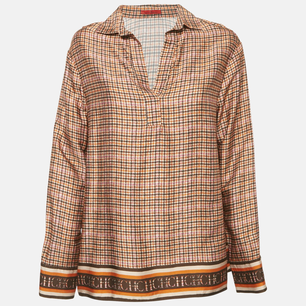 CH Carolina Herrera Red Houndstooth Printed Sateen Top M