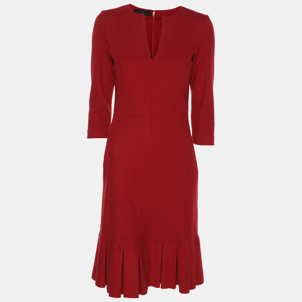CH Carolina Herrera Red Wool Ruffle Midi Dress XS