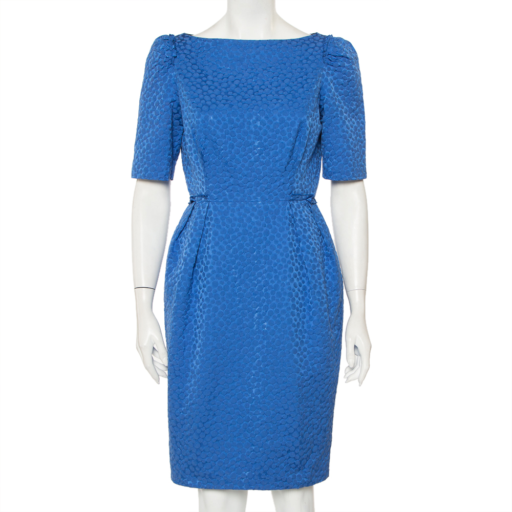 luxury-women-ch-carolina-herrera-used-clothes-p436880-001 CH Carolina Herrera Blue Embossed Cotton Sheath Dress M