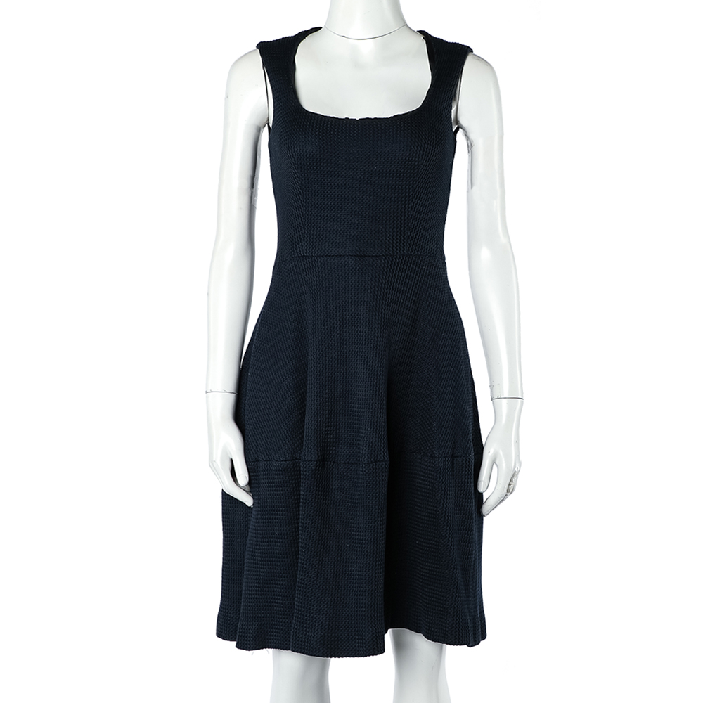 CH Carolina Herrera Navy Blue Textured Cotton Flared Dress S