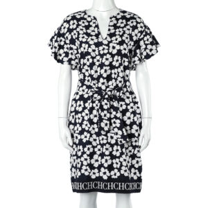 CH Carolina Herrera Navy Blue Floral Print Silk & Linen Belted Dress S