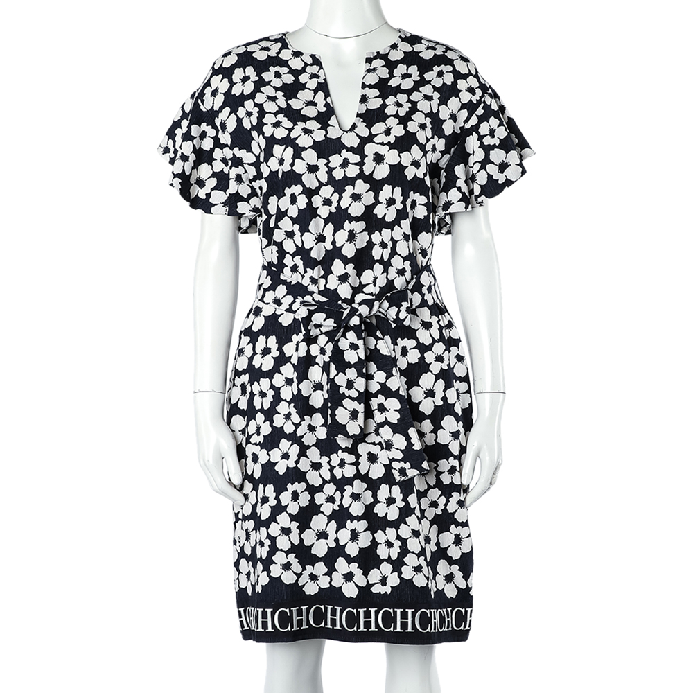 CH Carolina Herrera Navy Blue Floral Print Silk & Linen Belted Dress S