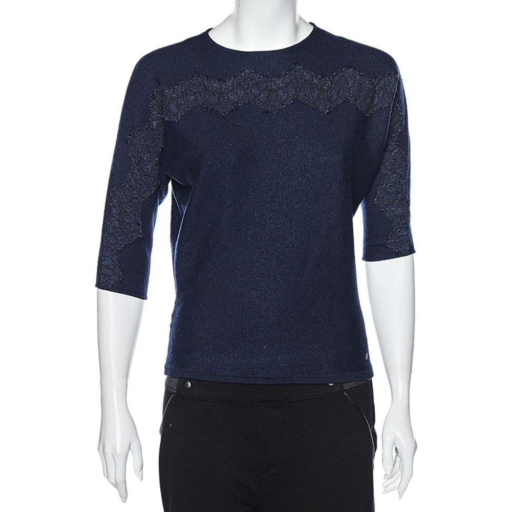 luxury-women-ch-carolina-herrera-used-clothes-p565253-003-2 CH Carolina Herrera Navy Blue Wool & Lace Trim Detailed Jumper S